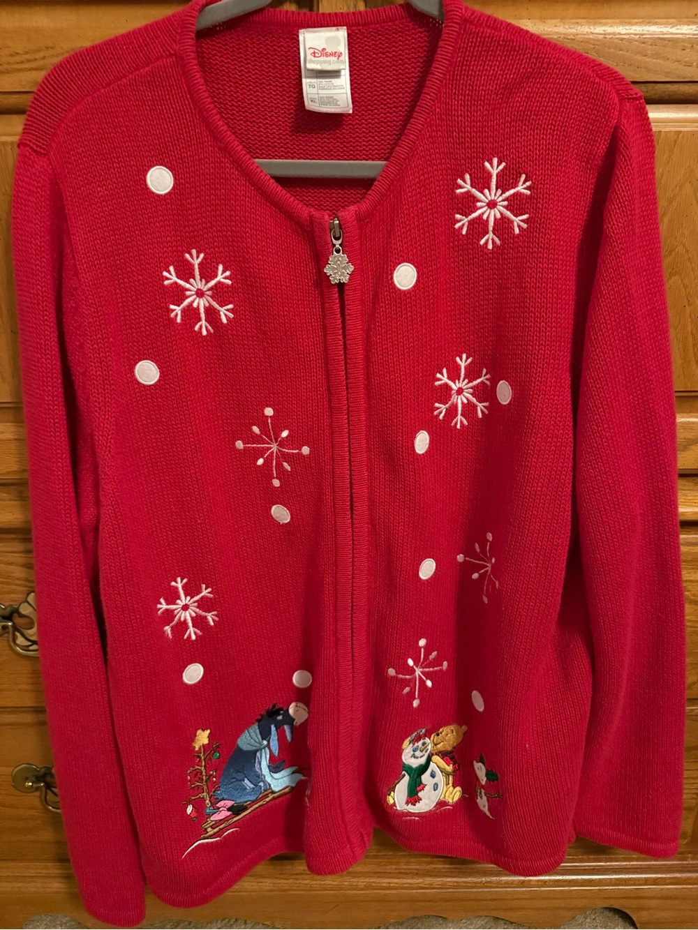 Disney Kids' Red Holiday Zip-Up Sweater Jacket - Snowflake & Character Appliqué